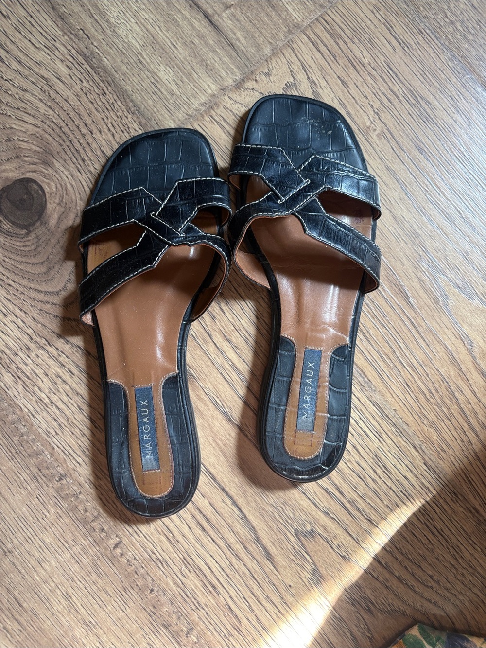 Margaux Black Croc-Embossed Slide Sandals with Interwoven Strap